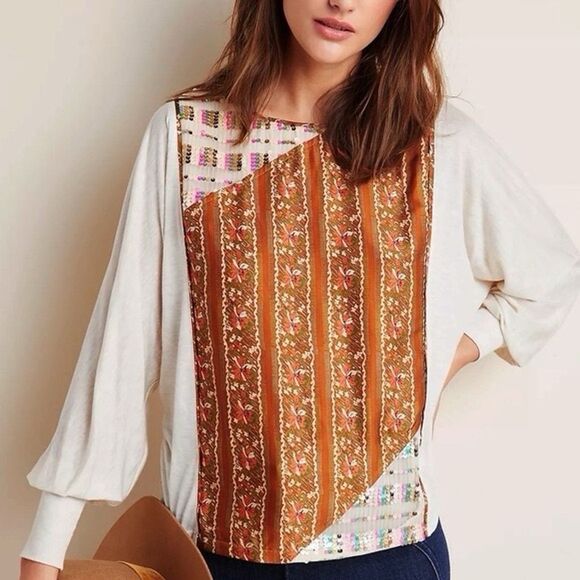 Anthropologie TINY Beige Sammi Sequin Floral Dolman Sleeve Boho Top/Blouse Med - Picture 2 of 10